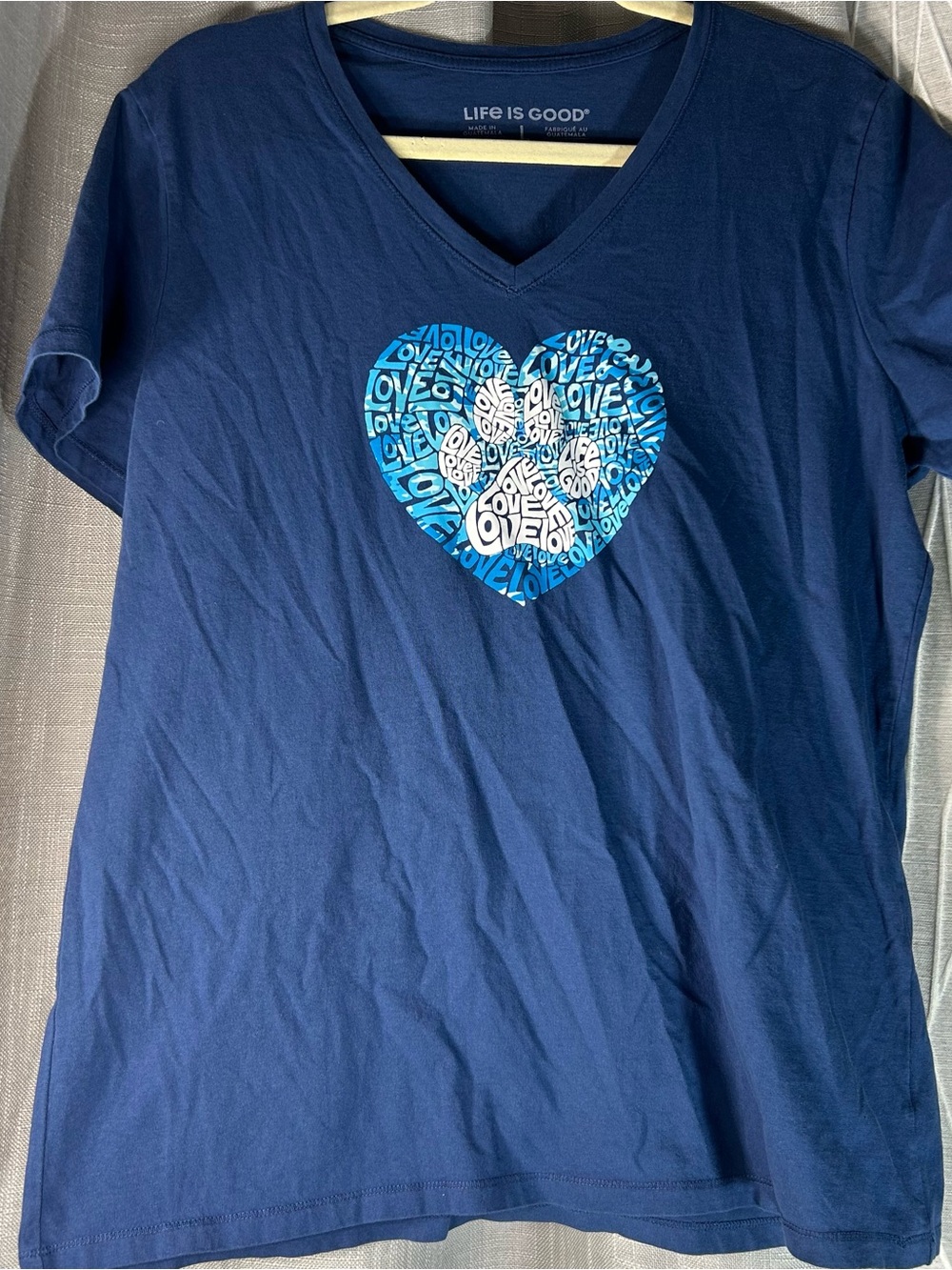 Life Is Good Navy V-Neck Tee with Blue and White Heart Graphic